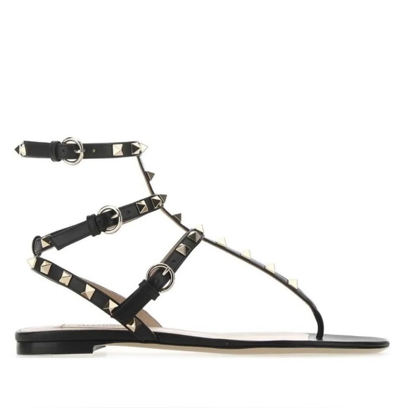 VALENTINO GARAVANI | Black and Gold Leather Rockstud Sandals - Picture 3 of 8